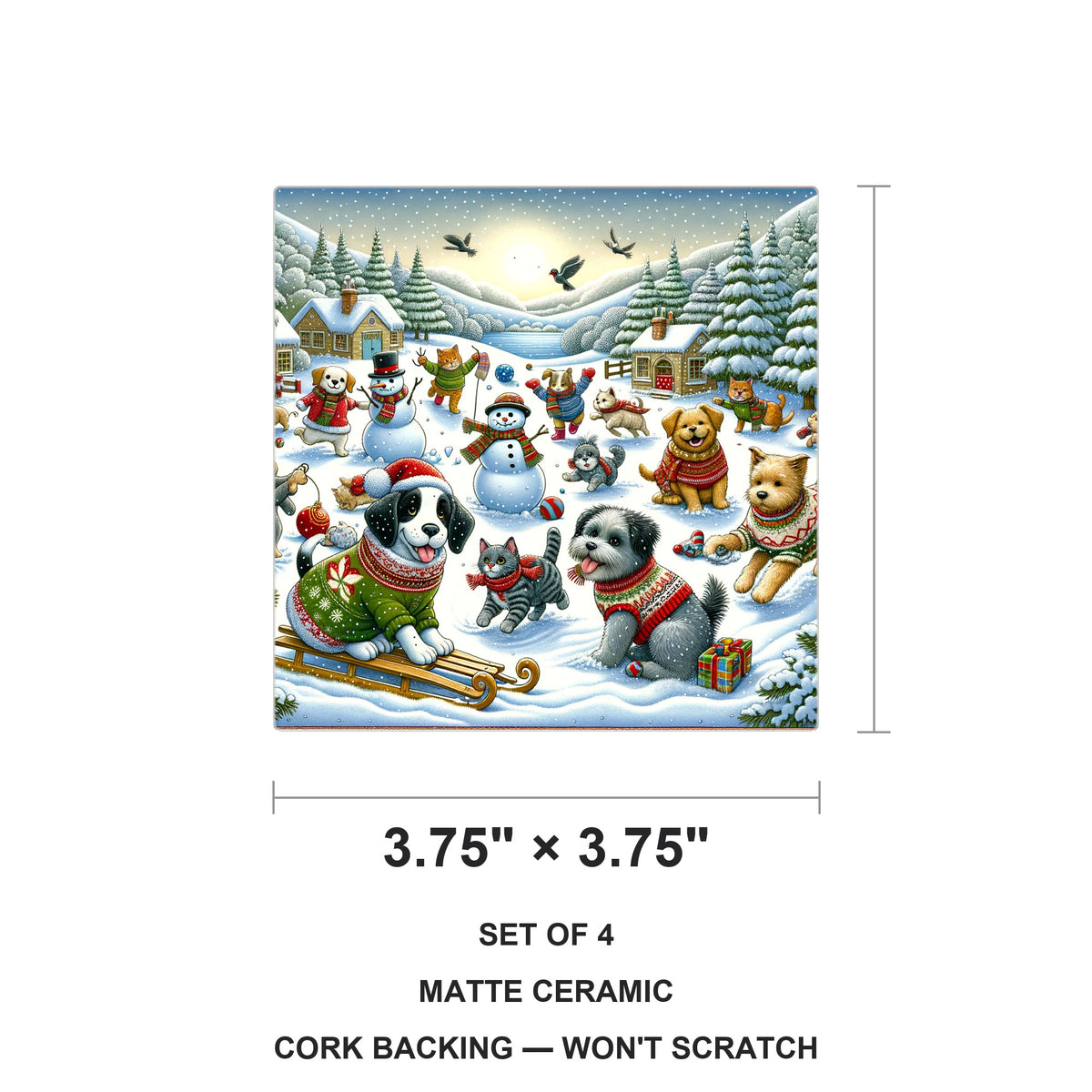 Cozy Christmas Pets ceramic coasters set of 4, size 3.75 inches