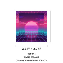 Vaporwave Sunset ceramic coasters set of 4, size 3.75 inches