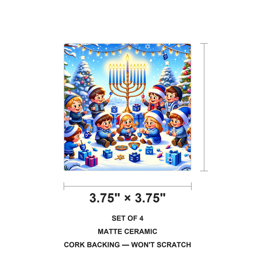 Golden Menorah Celebration ceramic coasters set of 4, size 3.75 inches