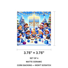 Golden Menorah Celebration ceramic coasters set of 4, size 3.75 inches