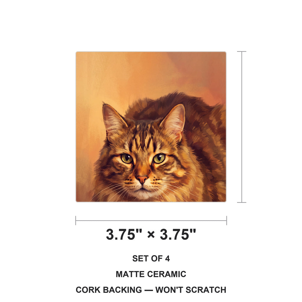 Tabby Cat Portrait ceramic coasters set of 4, size 3.75 inches