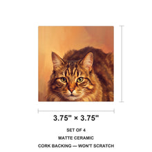 Tabby Cat Portrait ceramic coasters set of 4, size 3.75 inches