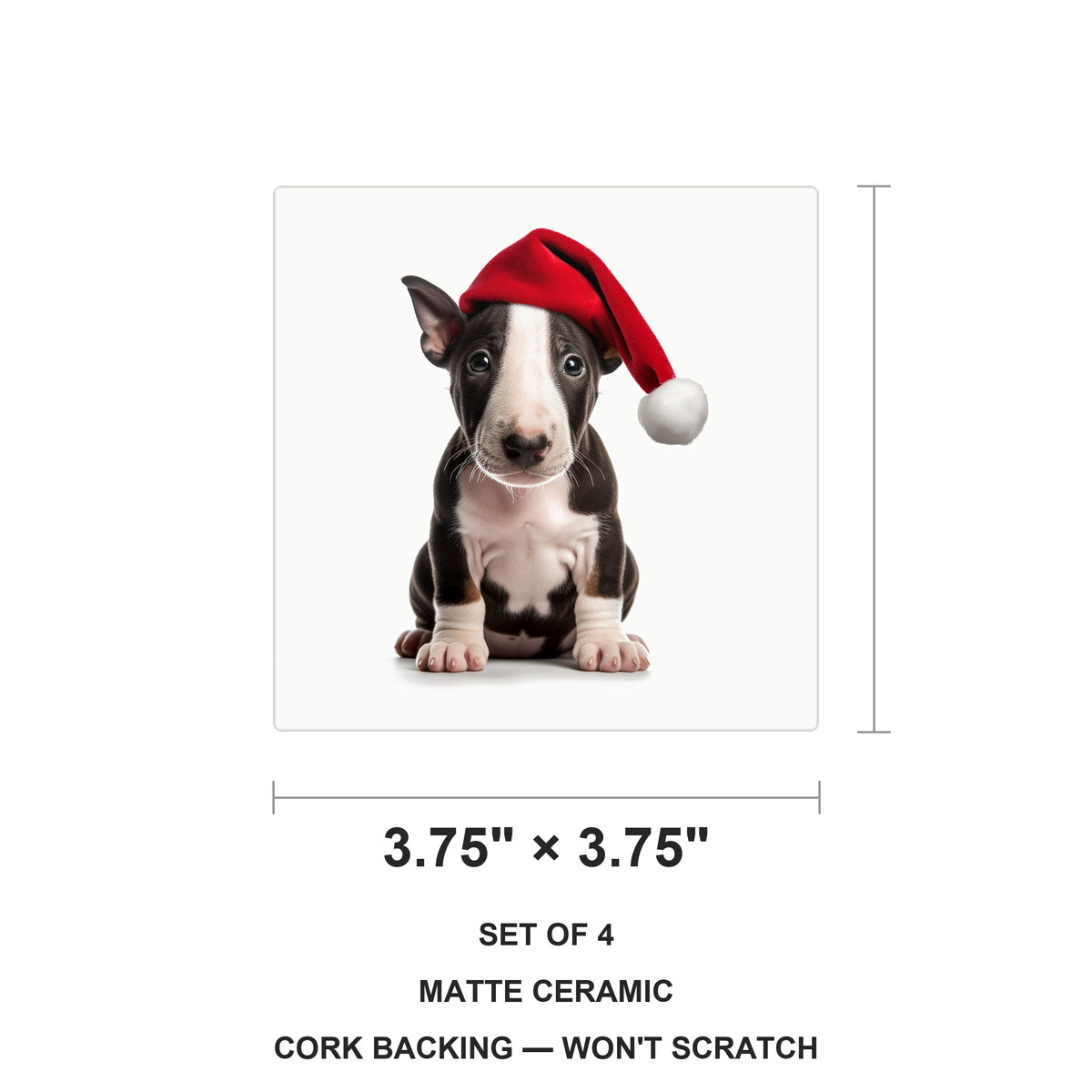 Miniature Bull Terrier Puppy ceramic coasters set of 4, size 3.75 inches