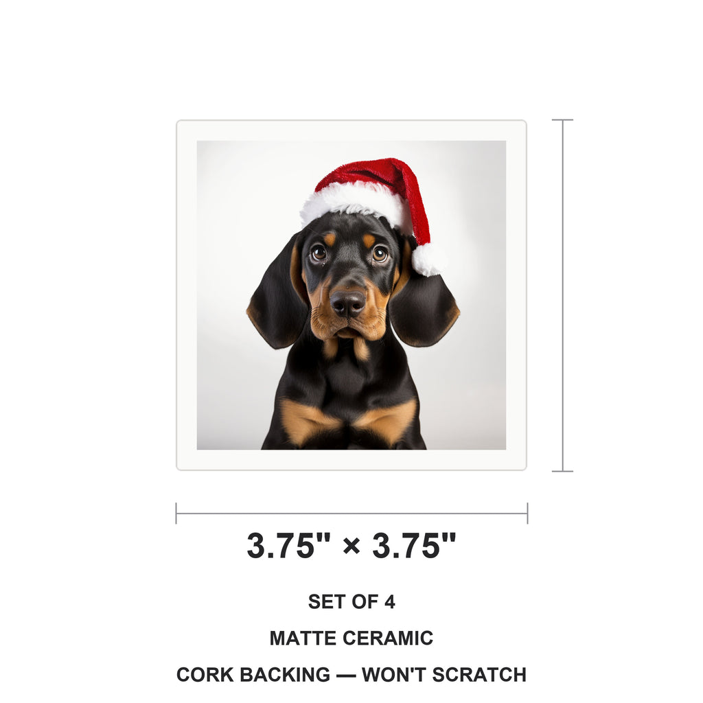 Black and Tan Coonhound Puppy ceramic coasters set of 4, size 3.75 inches