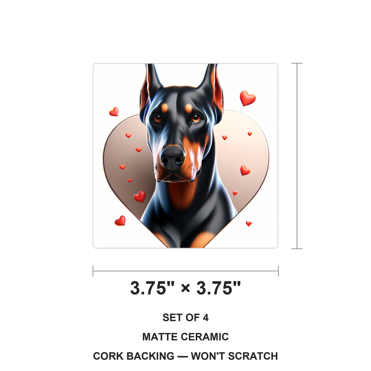 Doberman Pinscher ceramic coasters set of 4, size 3.75 inches