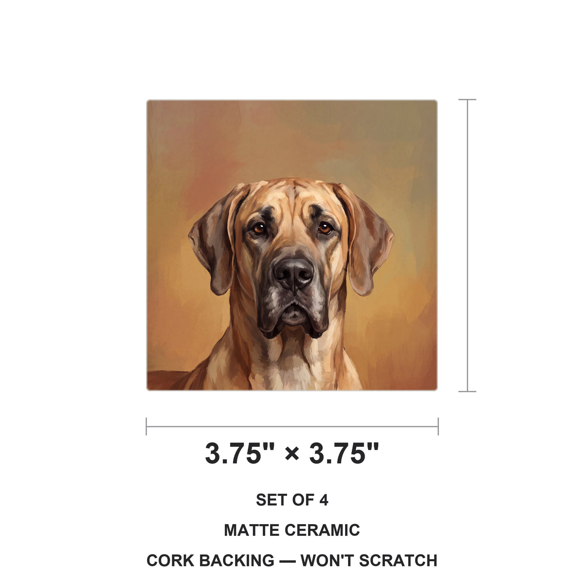 Great Dane Portrait ceramic coasters set of 4, size 3.75 inches