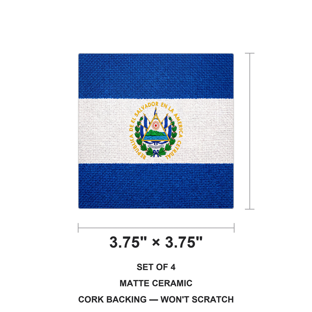 El Salvador Flag Pride ceramic coasters set of 4, size 3.75 inches