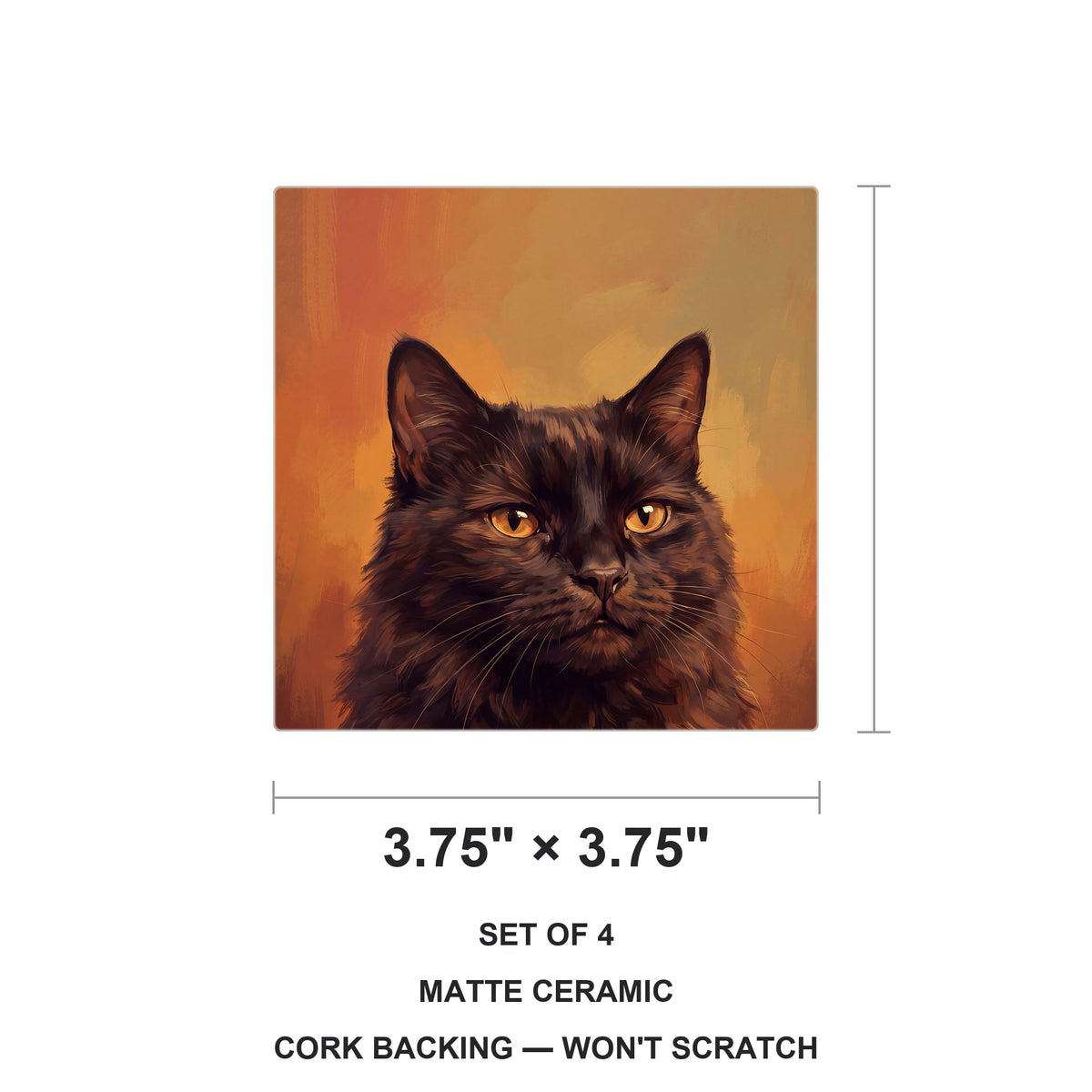 Black Cat Portrait ceramic coasters set of 4, size 3.75 inches