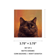 Black Cat Portrait ceramic coasters set of 4, size 3.75 inches