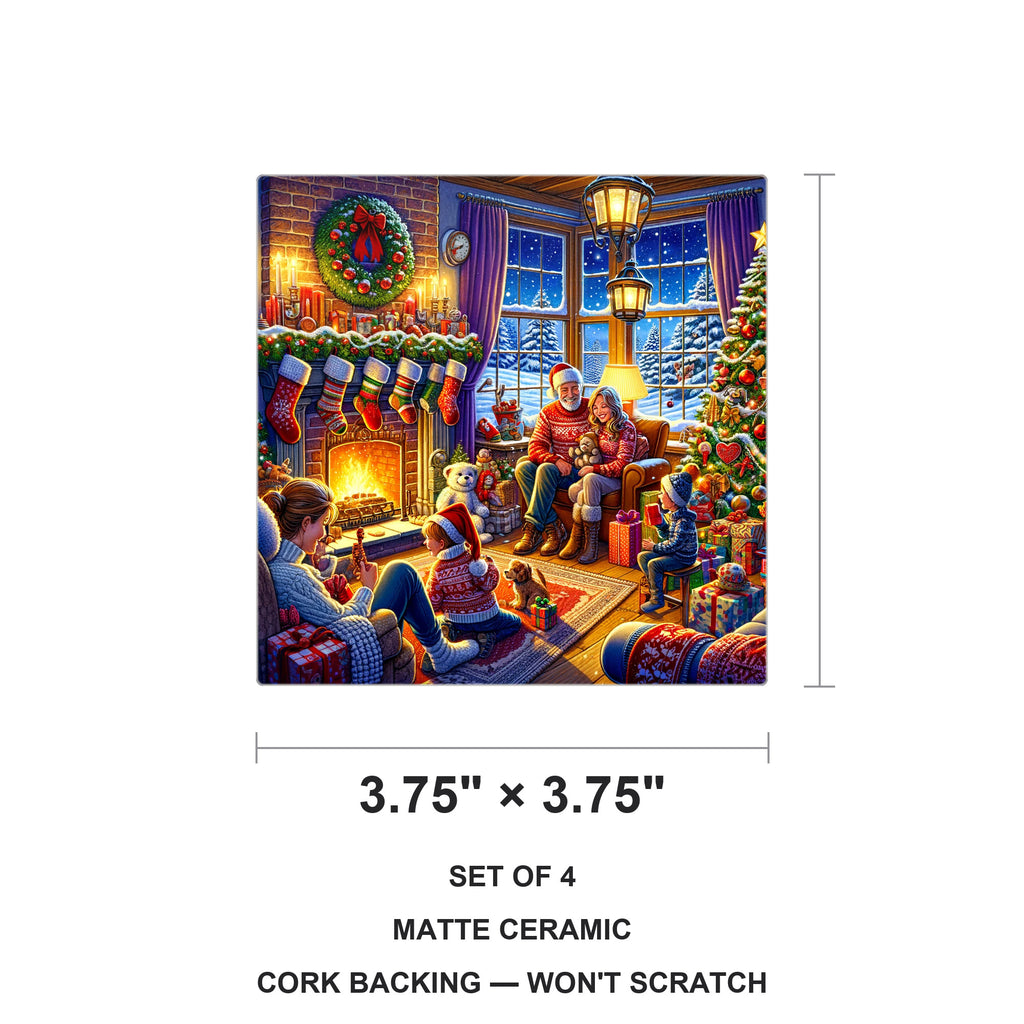 Cozy Christmas Hearth ceramic coasters set of 4, size 3.75 inches