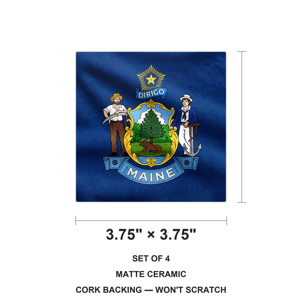 Maine State Flag ceramic coasters set of 4, size 3.75 inches