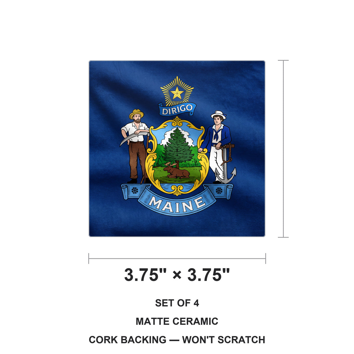 Maine State Flag ceramic coasters set of 4, size 3.75 inches