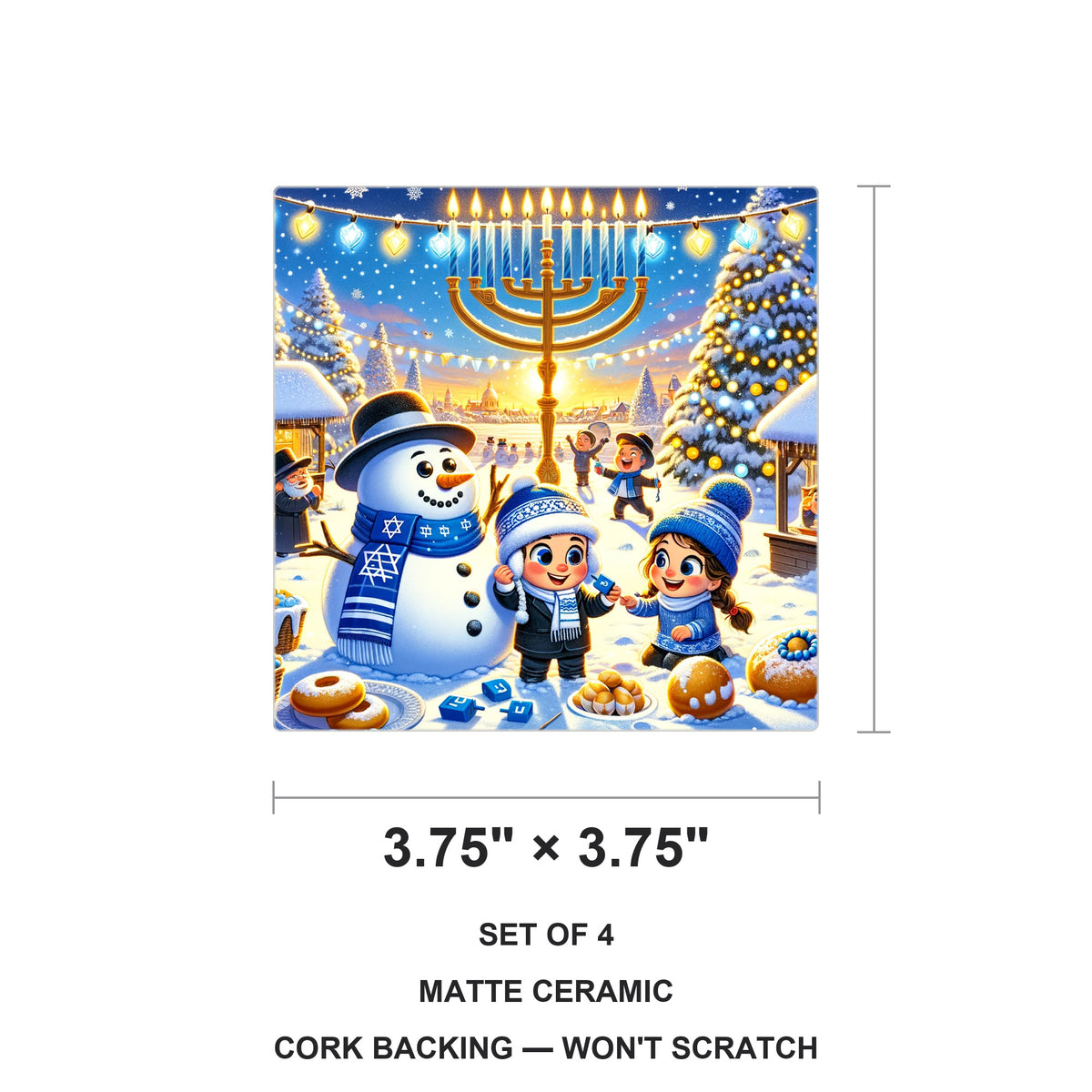 Hanukkah Winter Wonderland ceramic coasters set of 4, size 3.75 inches