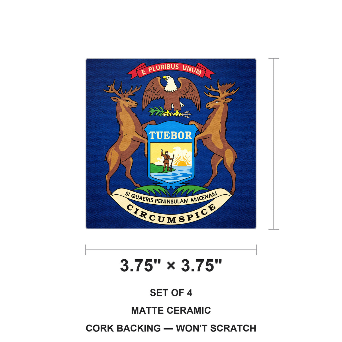 Michigan State Flag ceramic coasters set of 4, size 3.75 inches