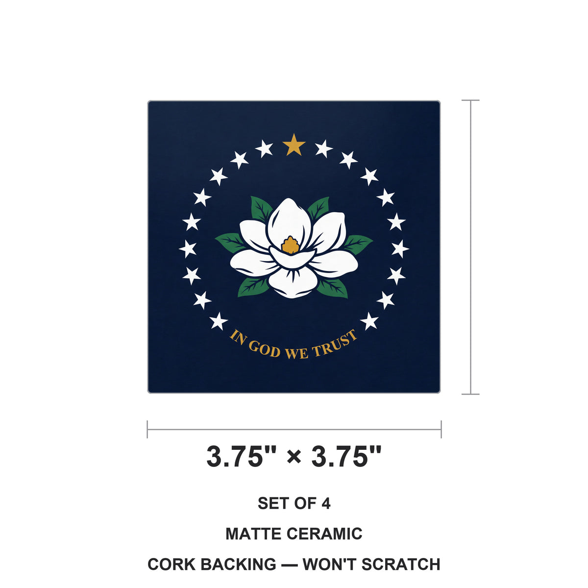 Mississippi State Flag ceramic coasters set of 4, size 3.75 inches