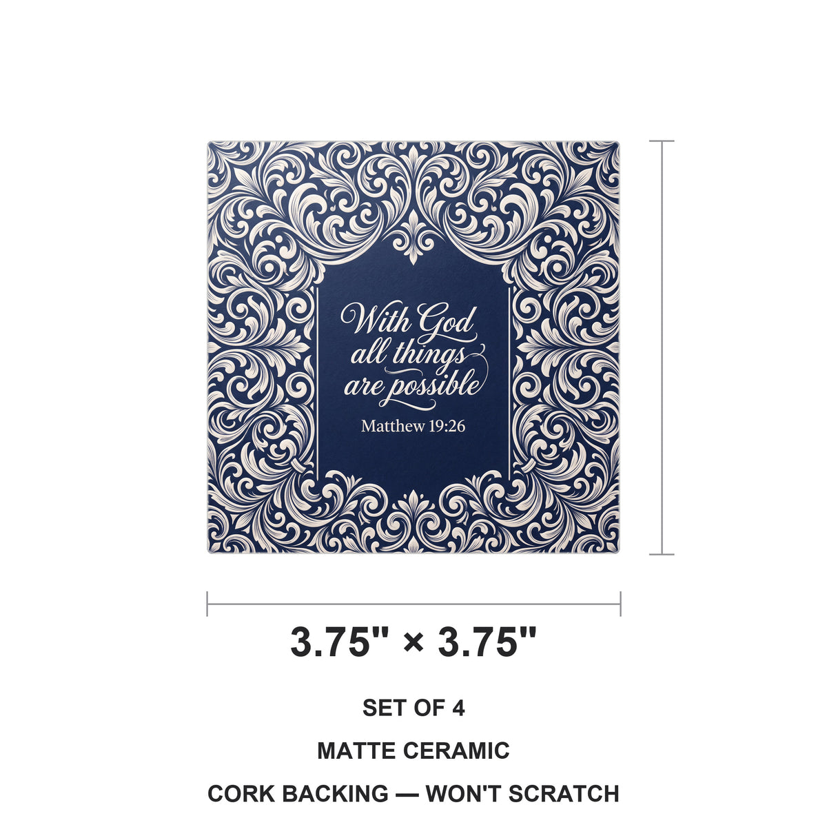 Matthew 19:26 ceramic coasters set of 4, size 3.75 inches