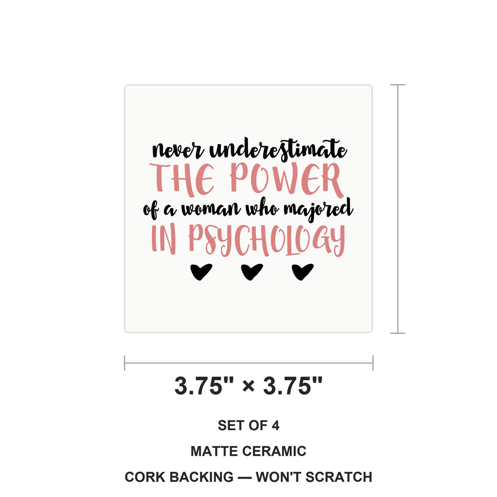 Never Underestimate Woman in Psychology ceramic coasters set of 4, size 3.75 inches