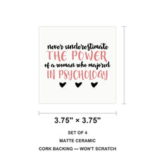Never Underestimate Woman in Psychology ceramic coasters set of 4, size 3.75 inches