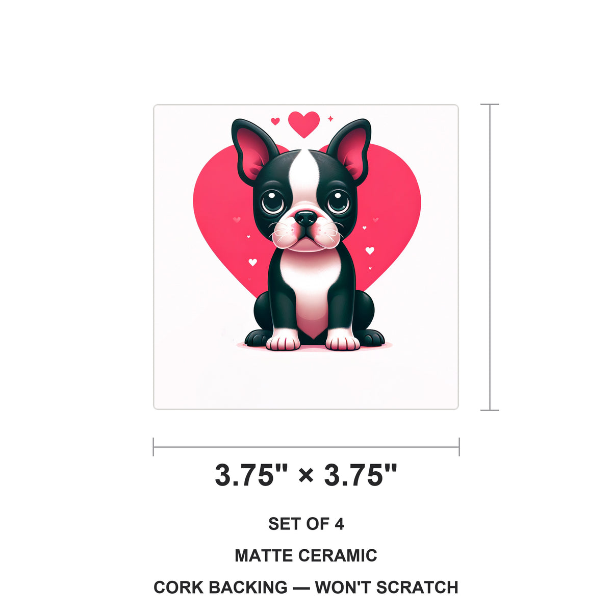 Boston Terrier ceramic coasters set of 4, size 3.75 inches