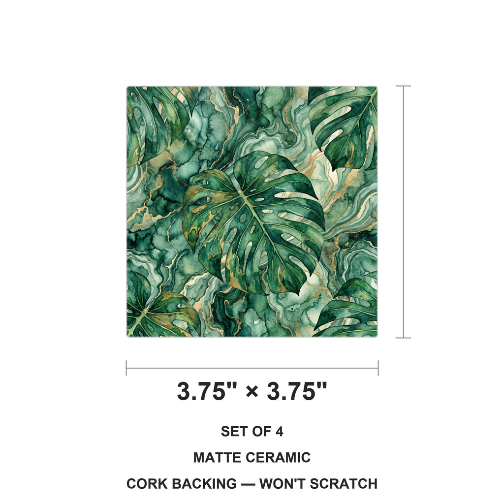 Tropical Monstera ceramic coasters set of 4, size 3.75 inches