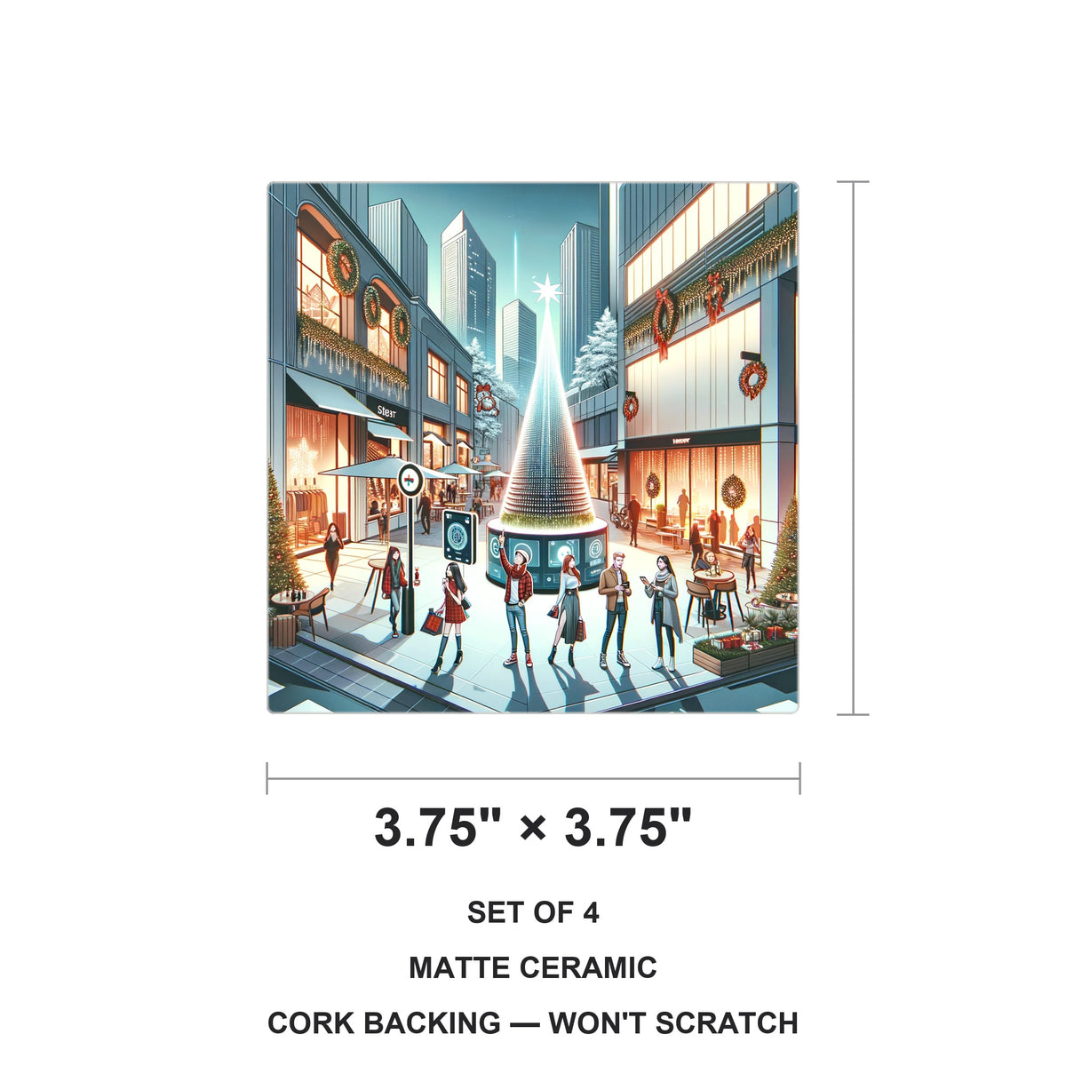 Downtown Christmas Plaza ceramic coasters set of 4, size 3.75 inches