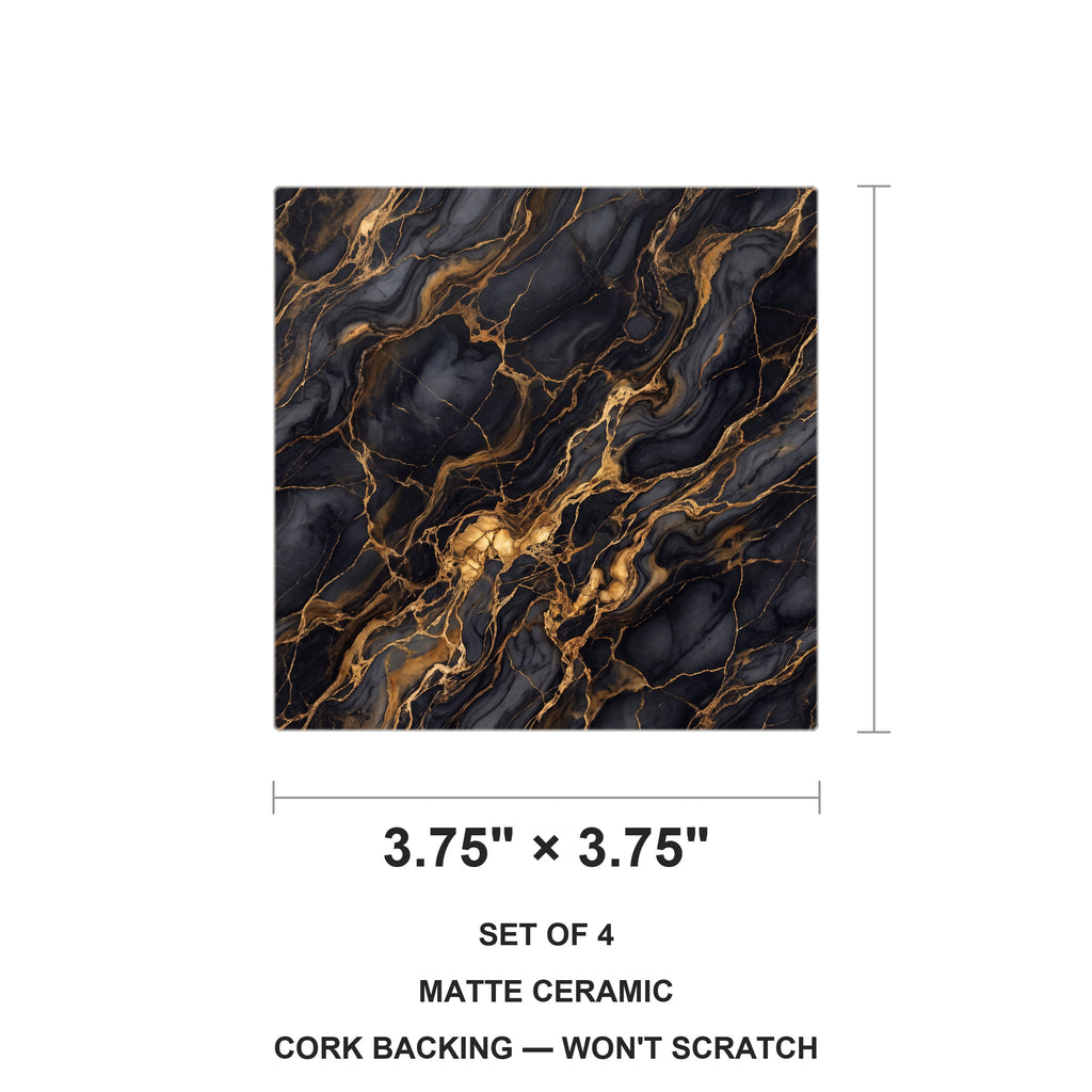 Black Gold Marble ceramic coasters set of 4, size 3.75 inches