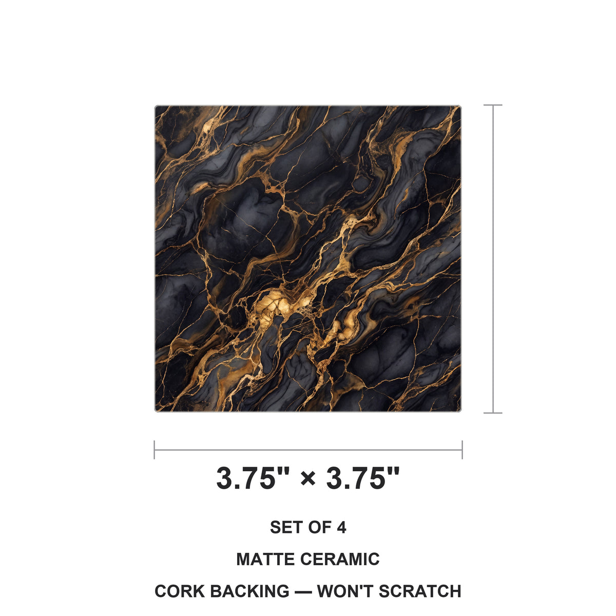 Black Gold Marble ceramic coasters set of 4, size 3.75 inches