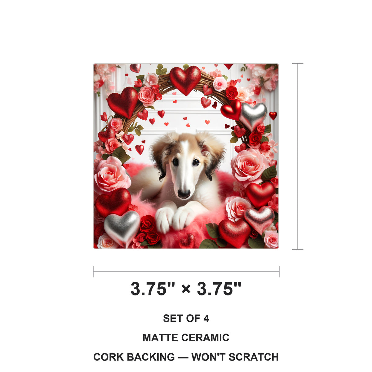 Borzoi ceramic coasters set of 4, size 3.75 inches