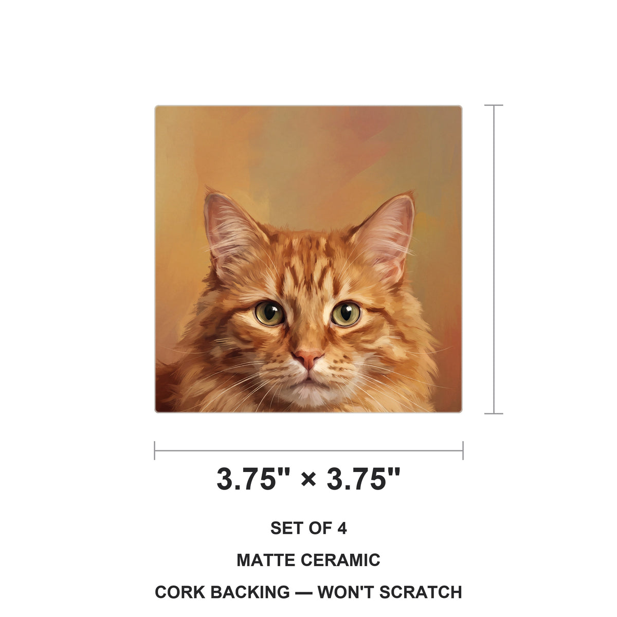 Orange Tabby Cat Portrait ceramic coasters set of 4, size 3.75 inches