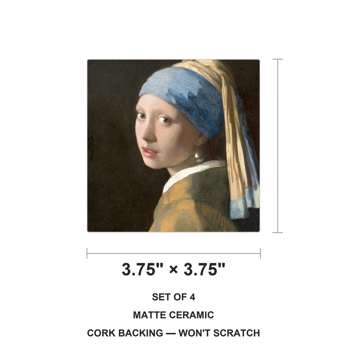 Girl With A Pearl Earring ceramic coasters set of 4, size 3.75 inches