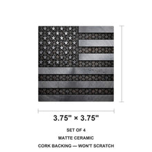 Rustic Steel American Flag ceramic coasters set of 4, size 3.75 inches