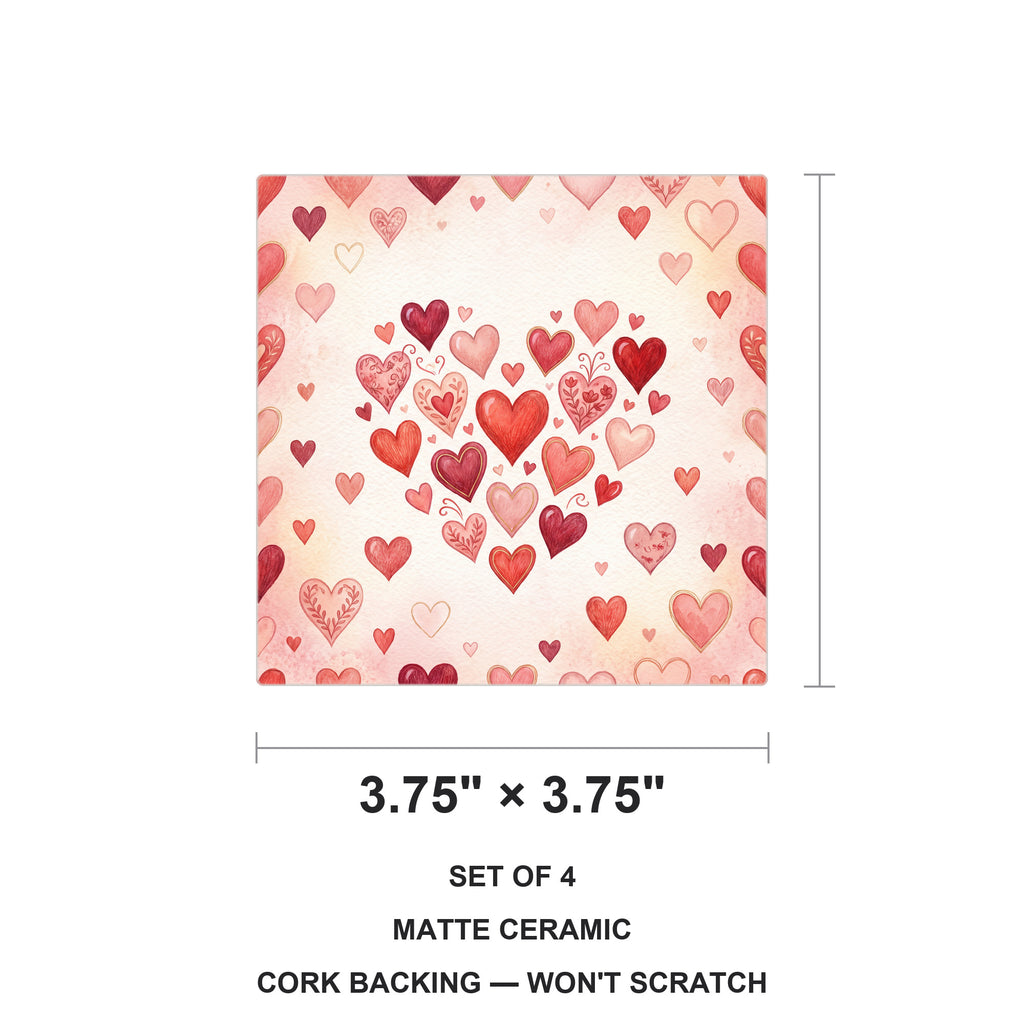 Valentine Hearts ceramic coasters set of 4, size 3.75 inches