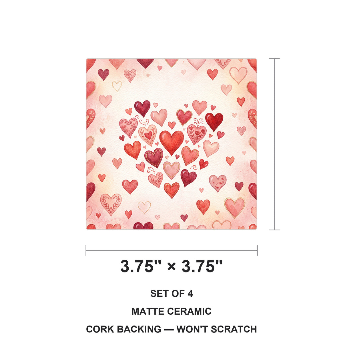 Valentine Hearts ceramic coasters set of 4, size 3.75 inches