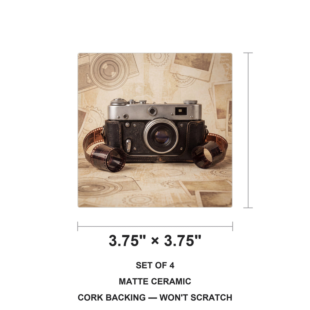 Film Camera ceramic coasters set of 4, size 3.75 inches