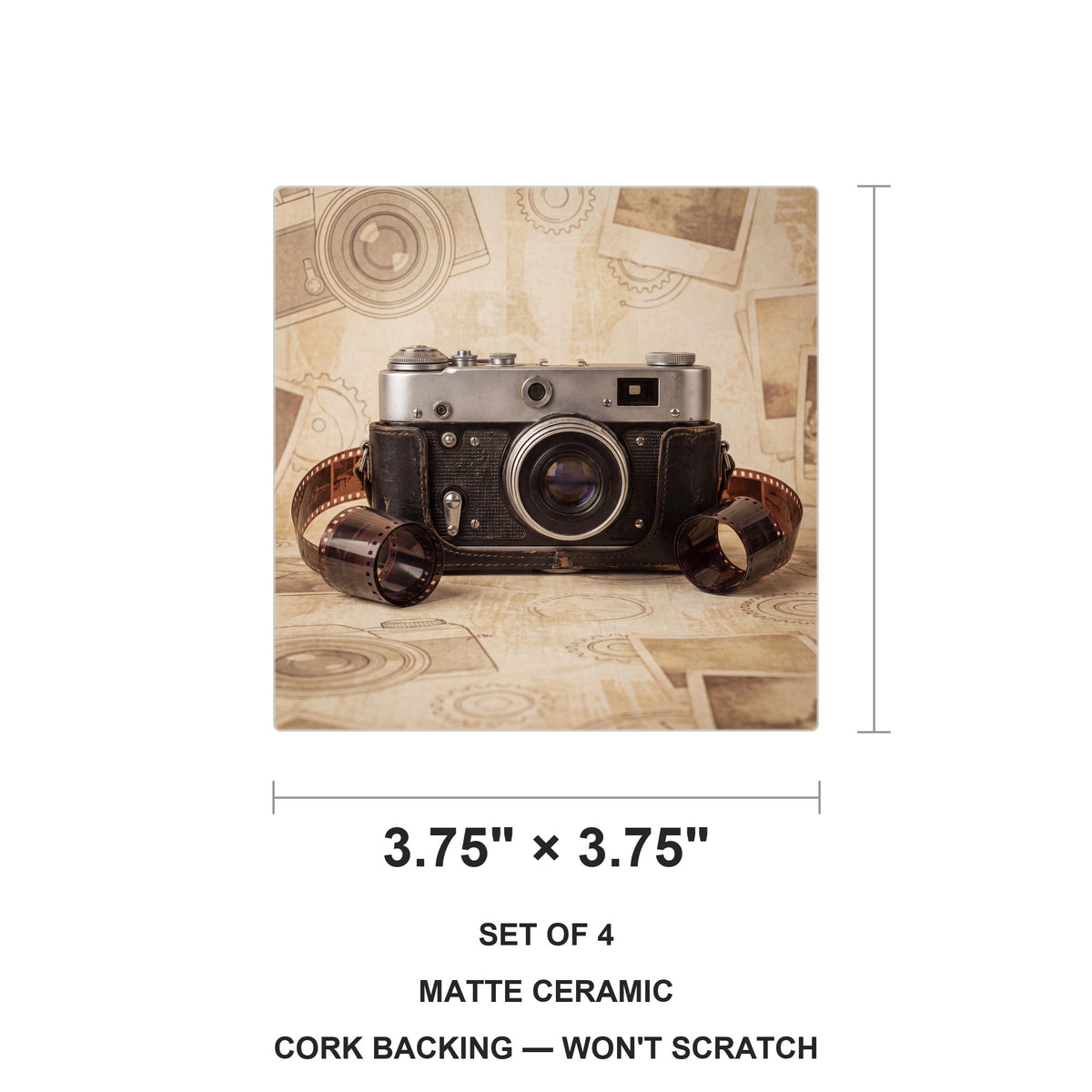 Film Camera ceramic coasters set of 4, size 3.75 inches