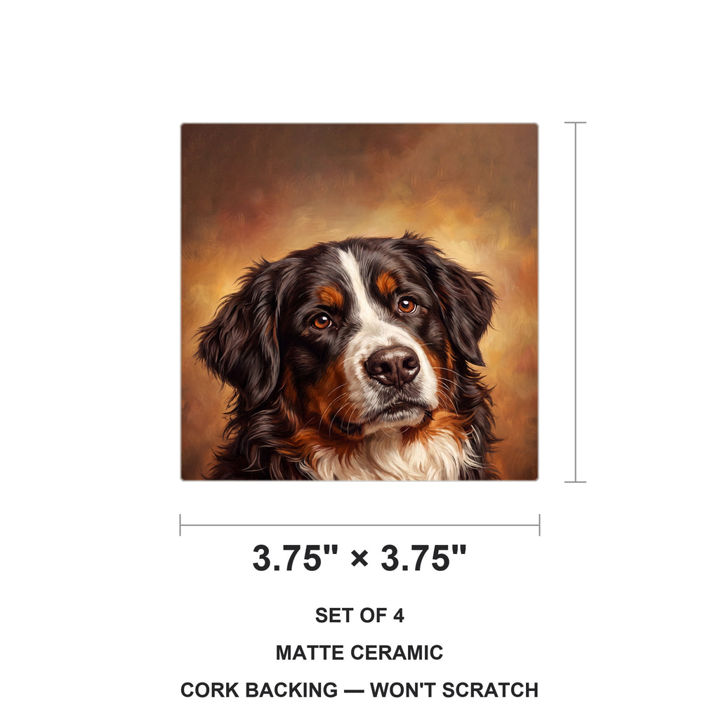 Bernese Mountain Dog Portrait ceramic coasters set of 4, size 3.75 inches