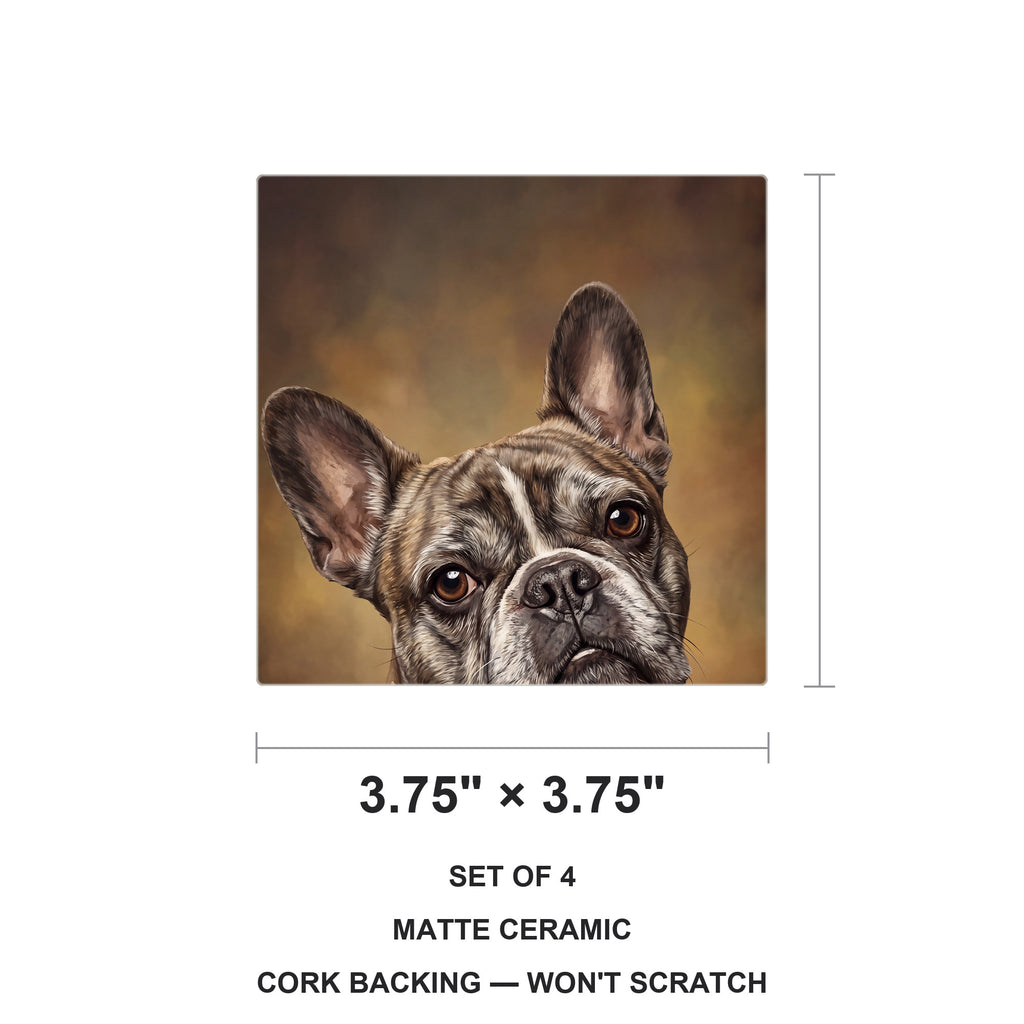 French Bulldog Portrait ceramic coasters set of 4, size 3.75 inches