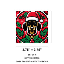 Dachshund Christmas Ornament Art ceramic coasters set of 4, size 3.75 inches