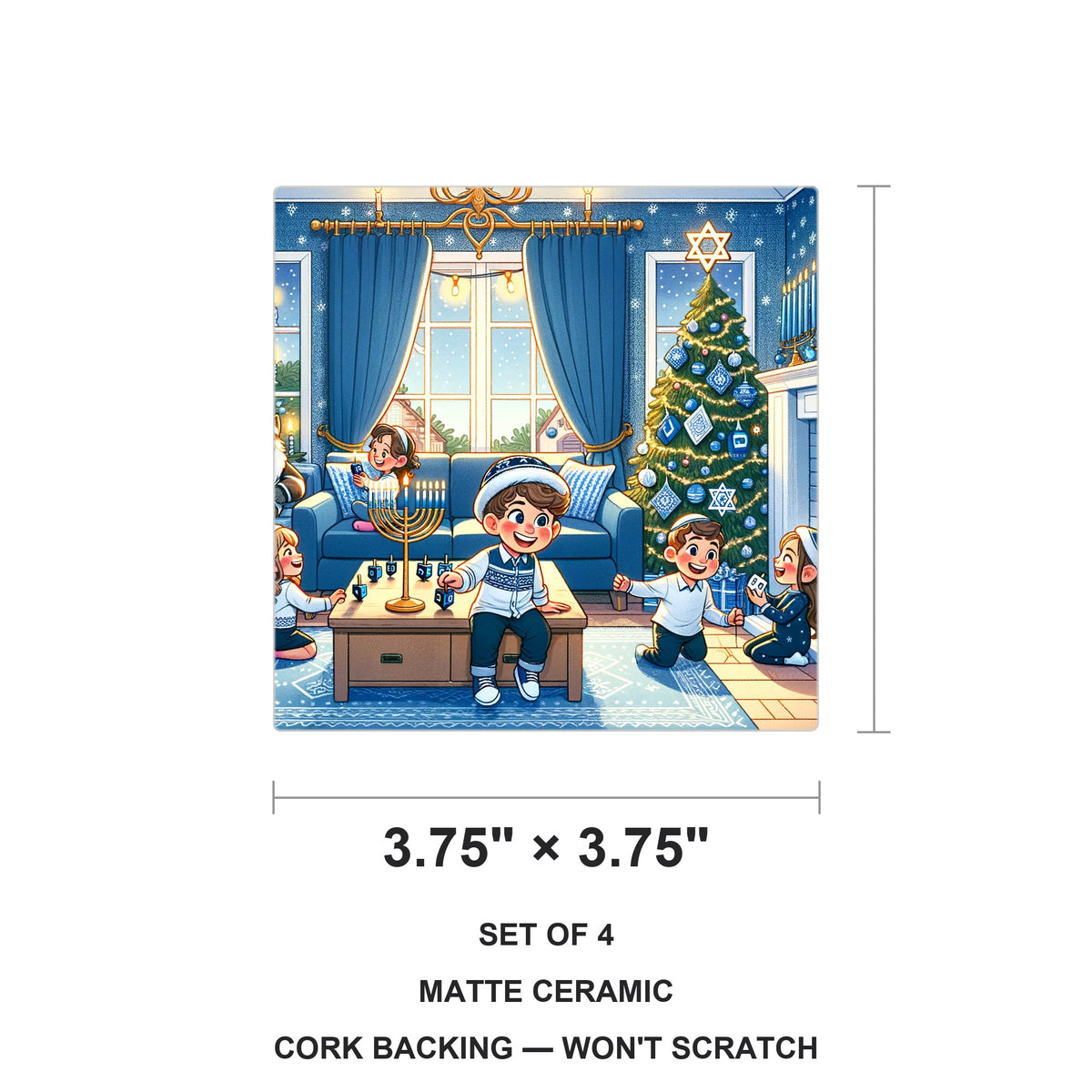 Blue Hanukkah Celebration ceramic coasters set of 4, size 3.75 inches