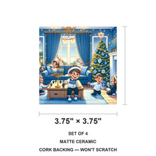 Blue Hanukkah Celebration ceramic coasters set of 4, size 3.75 inches