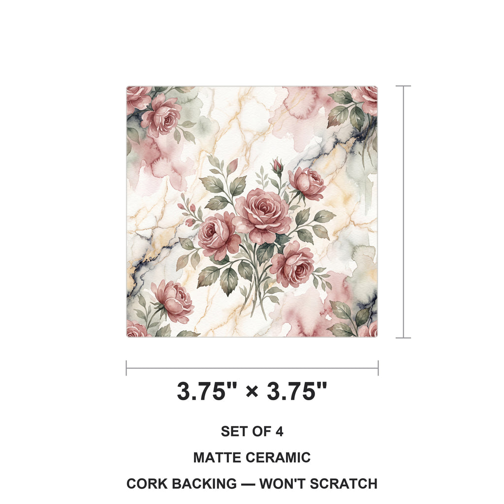 Vintage Rose Bouquet ceramic coasters set of 4, size 3.75 inches