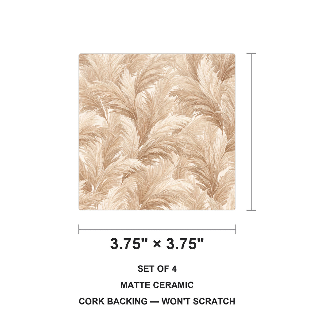 Boho Pampas ceramic coasters set of 4, size 3.75 inches
