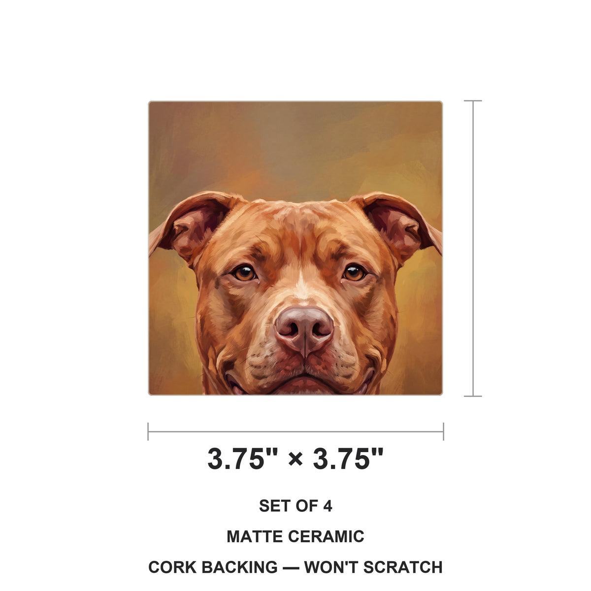 Pit Bull Portrait ceramic coasters set of 4, size 3.75 inches
