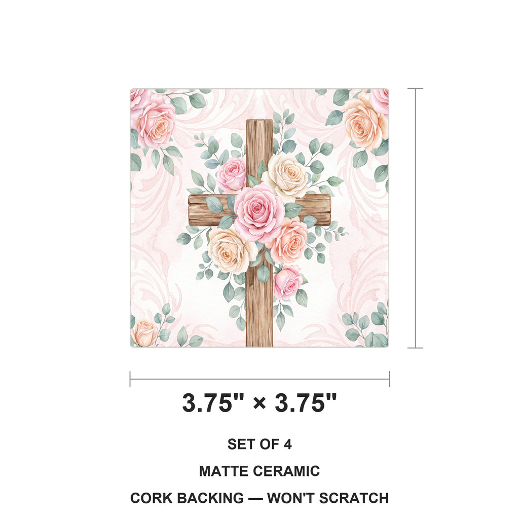 Floral Cross ceramic coasters set of 4, size 3.75 inches