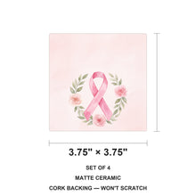 Breast Cancer Ribbon ceramic coasters set of 4, size 3.75 inches
