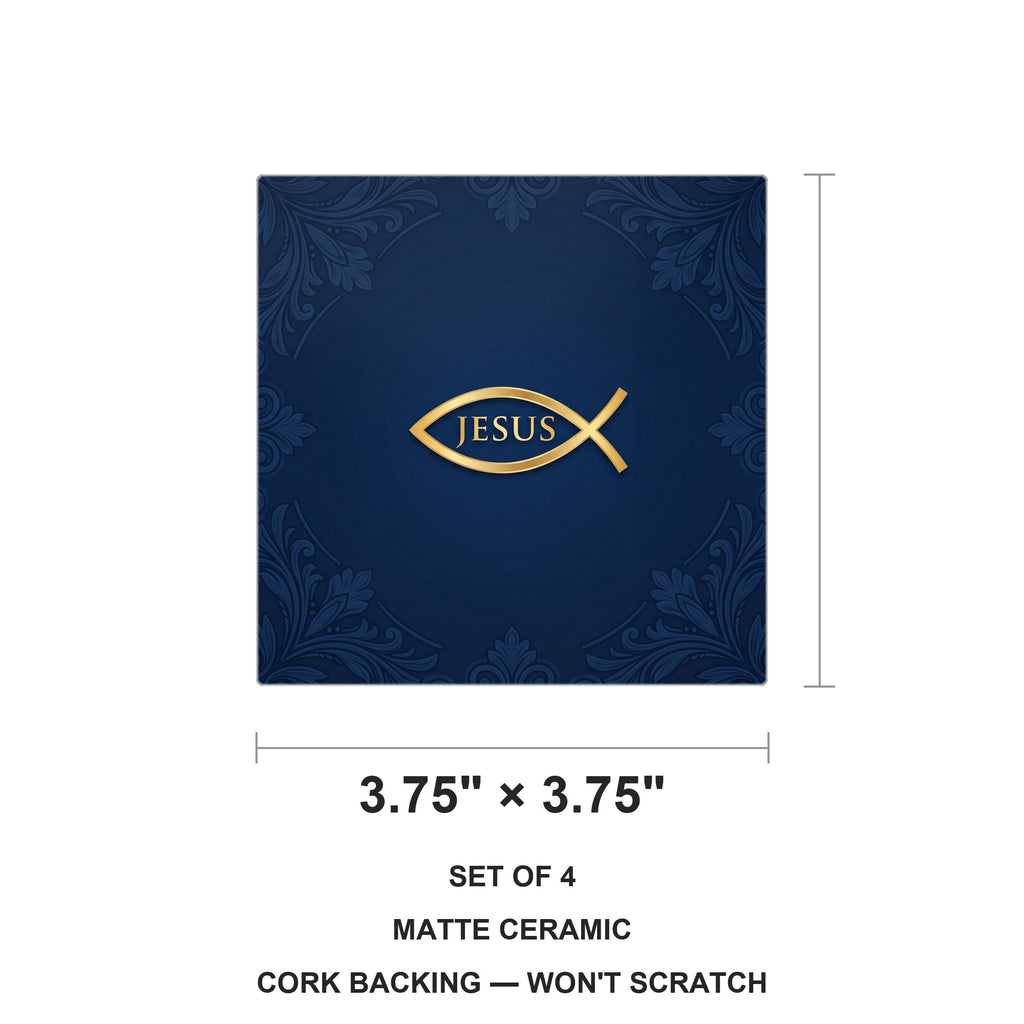 Ichthys Fish ceramic coasters set of 4, size 3.75 inches