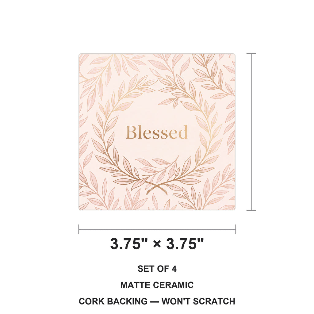 Blessed Script ceramic coasters set of 4, size 3.75 inches