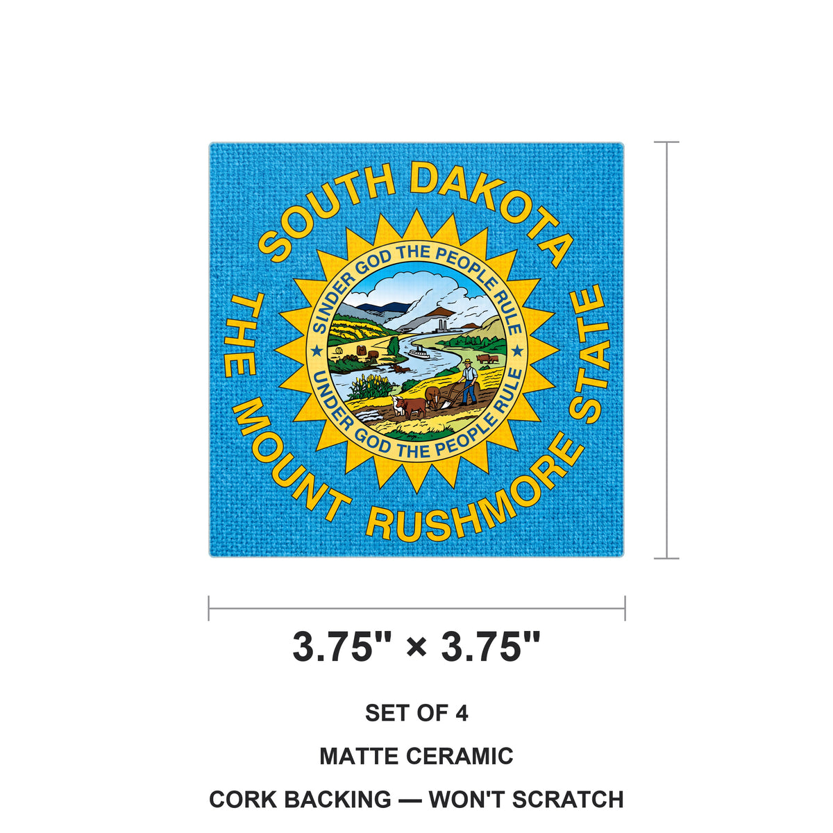 South Dakota State Flag ceramic coasters set of 4, size 3.75 inches