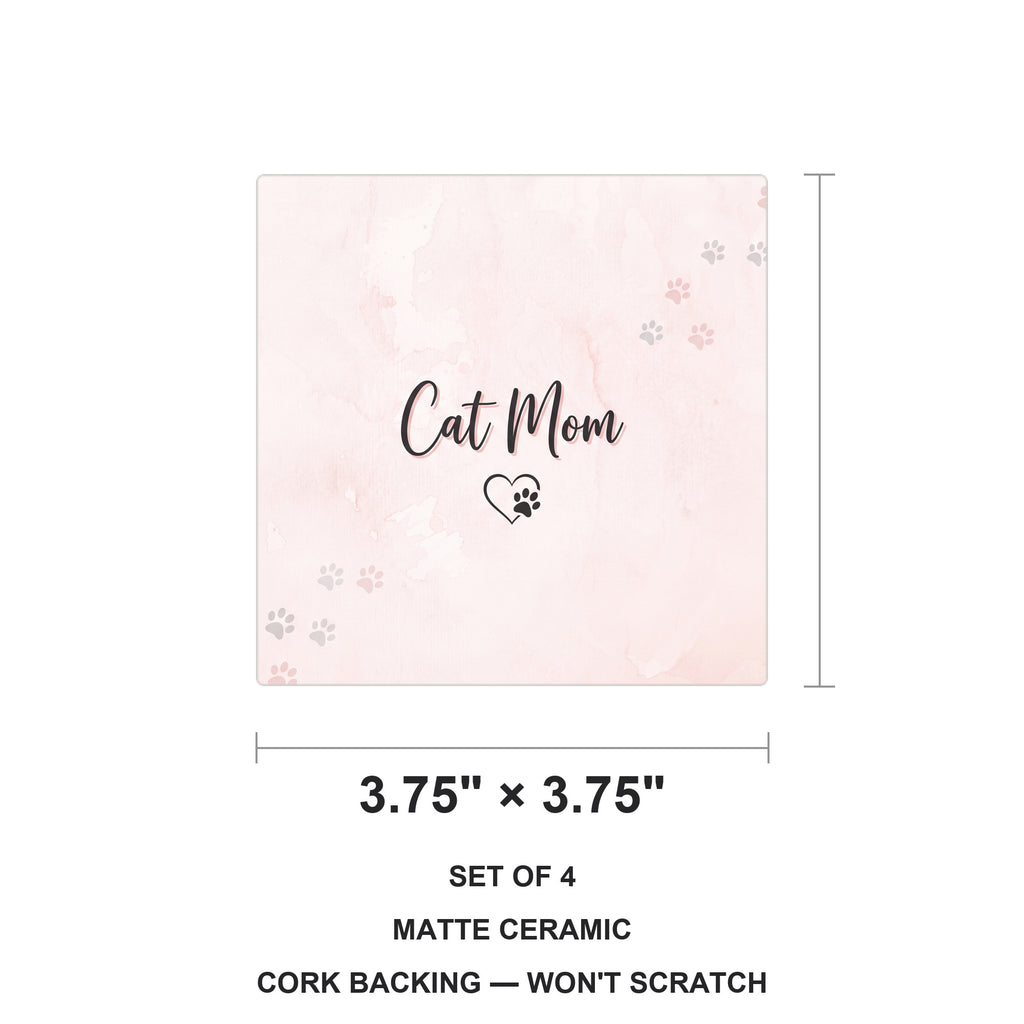 Cat Mom Heart Paw ceramic coasters set of 4, size 3.75 inches
