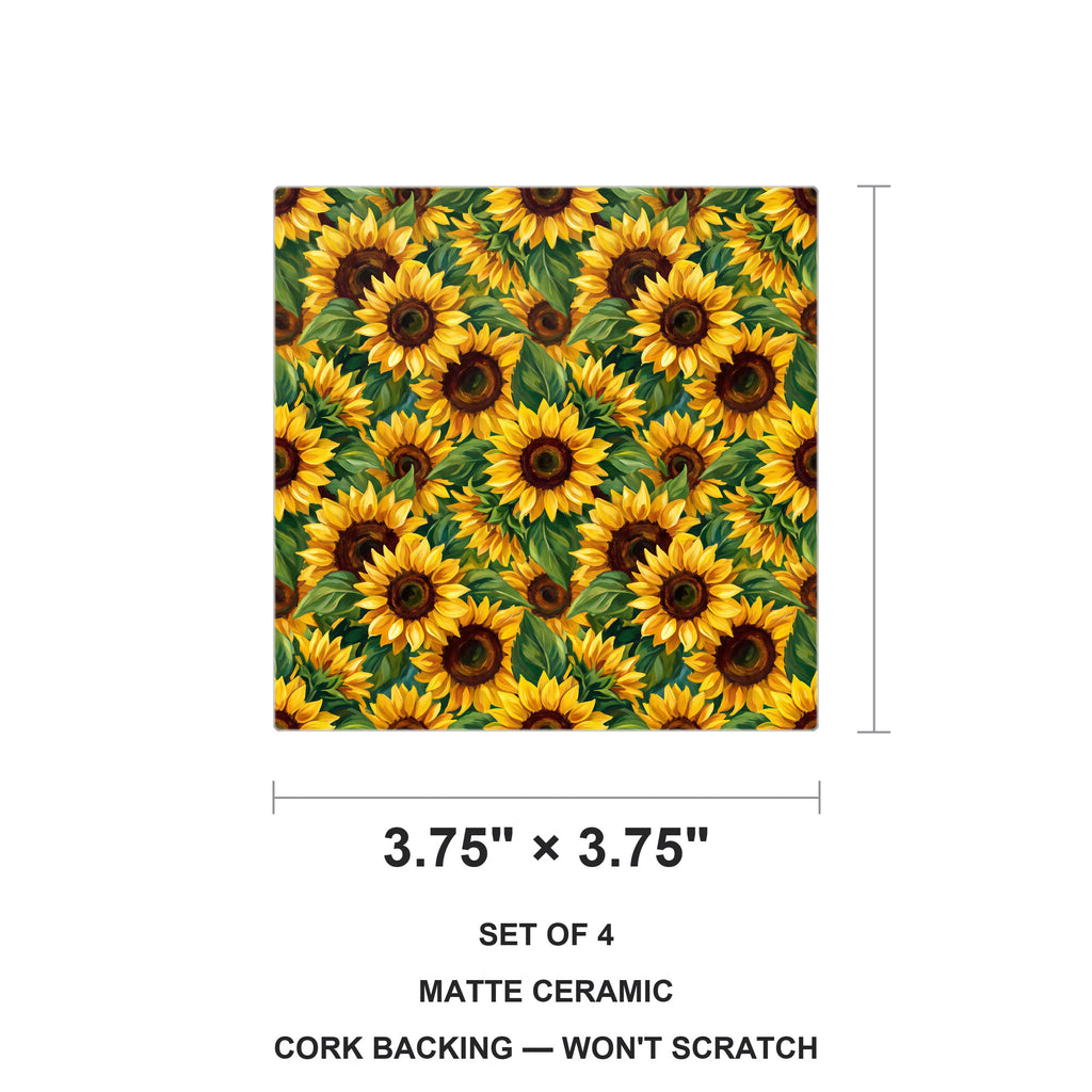 Sunflower Field ceramic coasters set of 4, size 3.75 inches